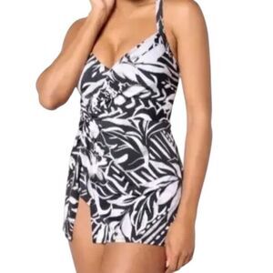 Susan Graver black and white tropical print swim suit dress size 14